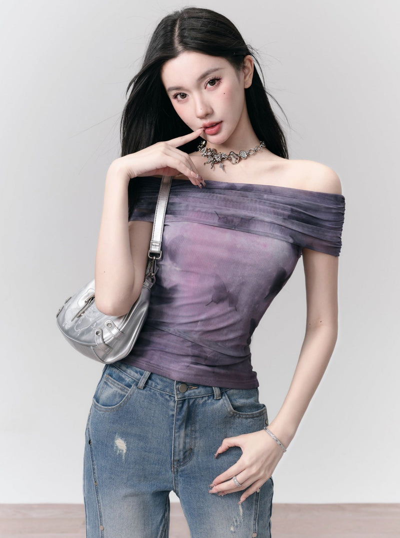 Tie-dye Off-shoulder Crop Top - Purple Ombre Ruched Bandeau Blouse