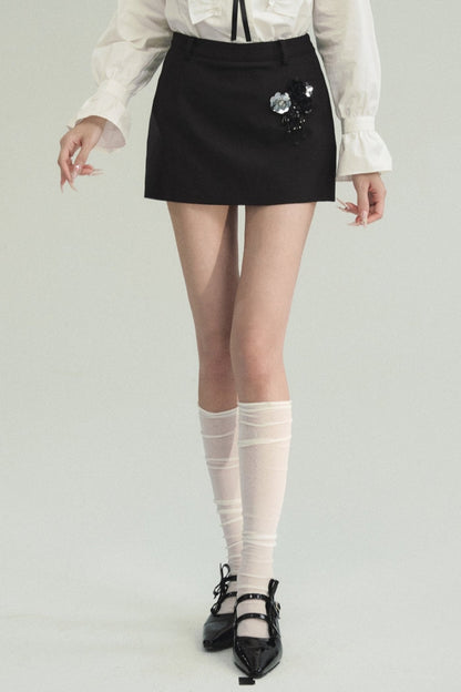 Contrast Ensemble: Crystal-embellished Tweed Mini Skirt & Victorian Ruffle Blouse Set