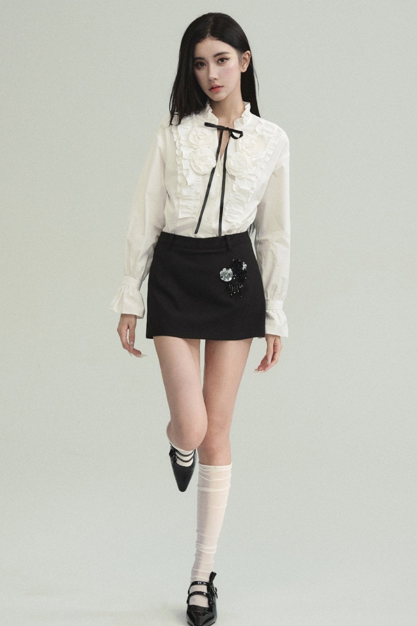 Contrast Ensemble: Crystal-embellished Tweed Mini Skirt & Victorian Ruffle Blouse Set