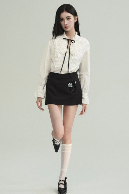 Contrast Ensemble: Crystal-embellished Tweed Mini Skirt & Victorian Ruffle Blouse Set