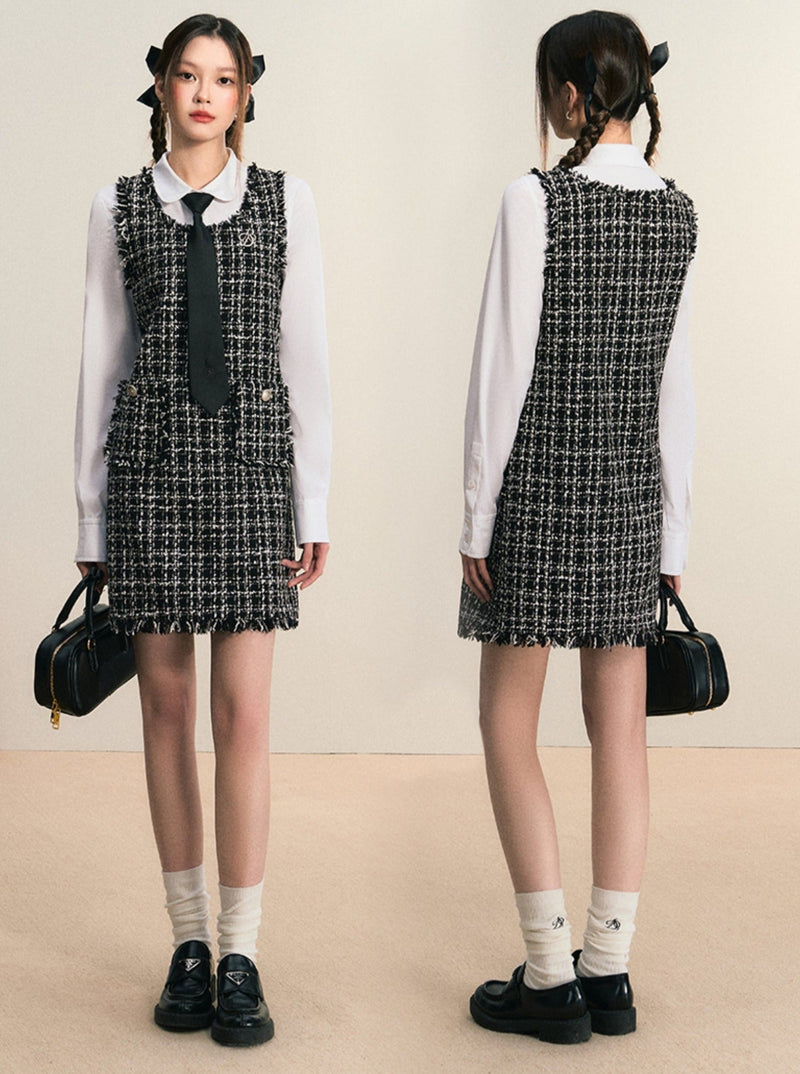 Tweed Sleeveless Mini Dress: Frayed Edge Shift Dress With Front Pockets