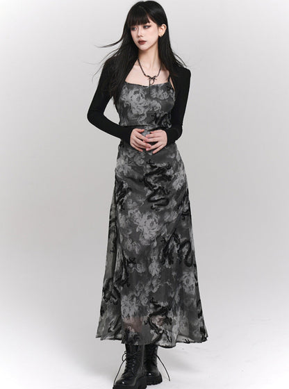 Ladyghost Chinese Style Fitted Maxi Dress - Gray Patterned Sleeveless Ankle-length
