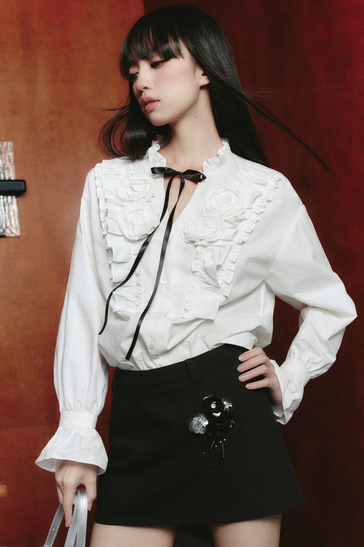 Contrast Ensemble: Crystal-embellished Tweed Mini Skirt & Victorian Ruffle Blouse Set