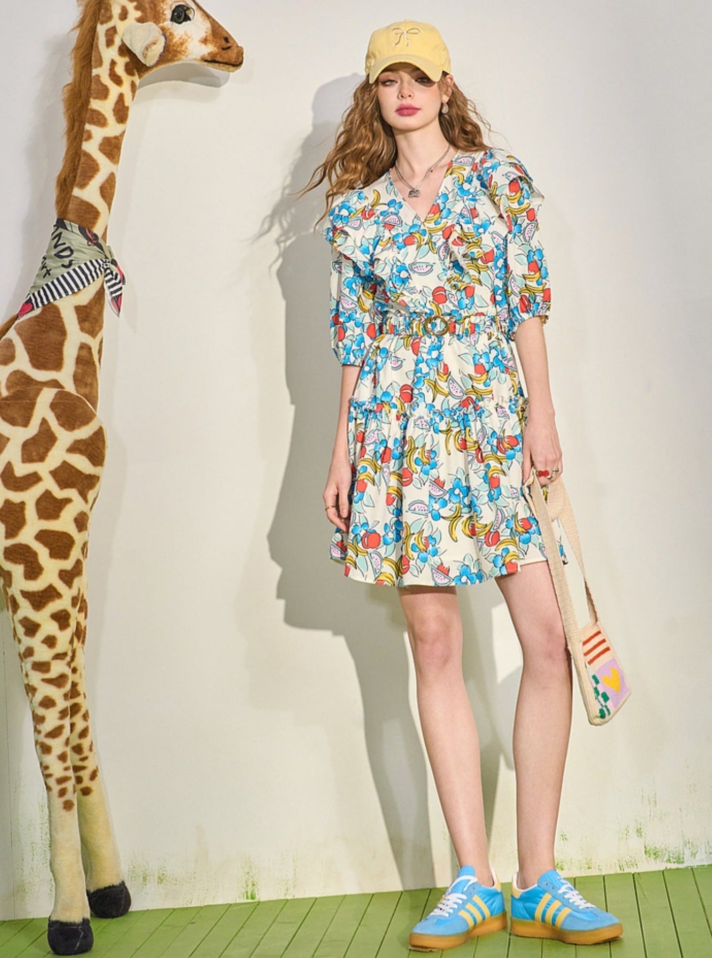 Fruit Print Ruffle V-neck Mini Dress