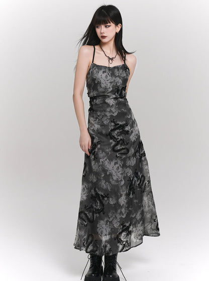 Ladyghost Chinese Style Fitted Maxi Dress - Gray Patterned Sleeveless Ankle-length