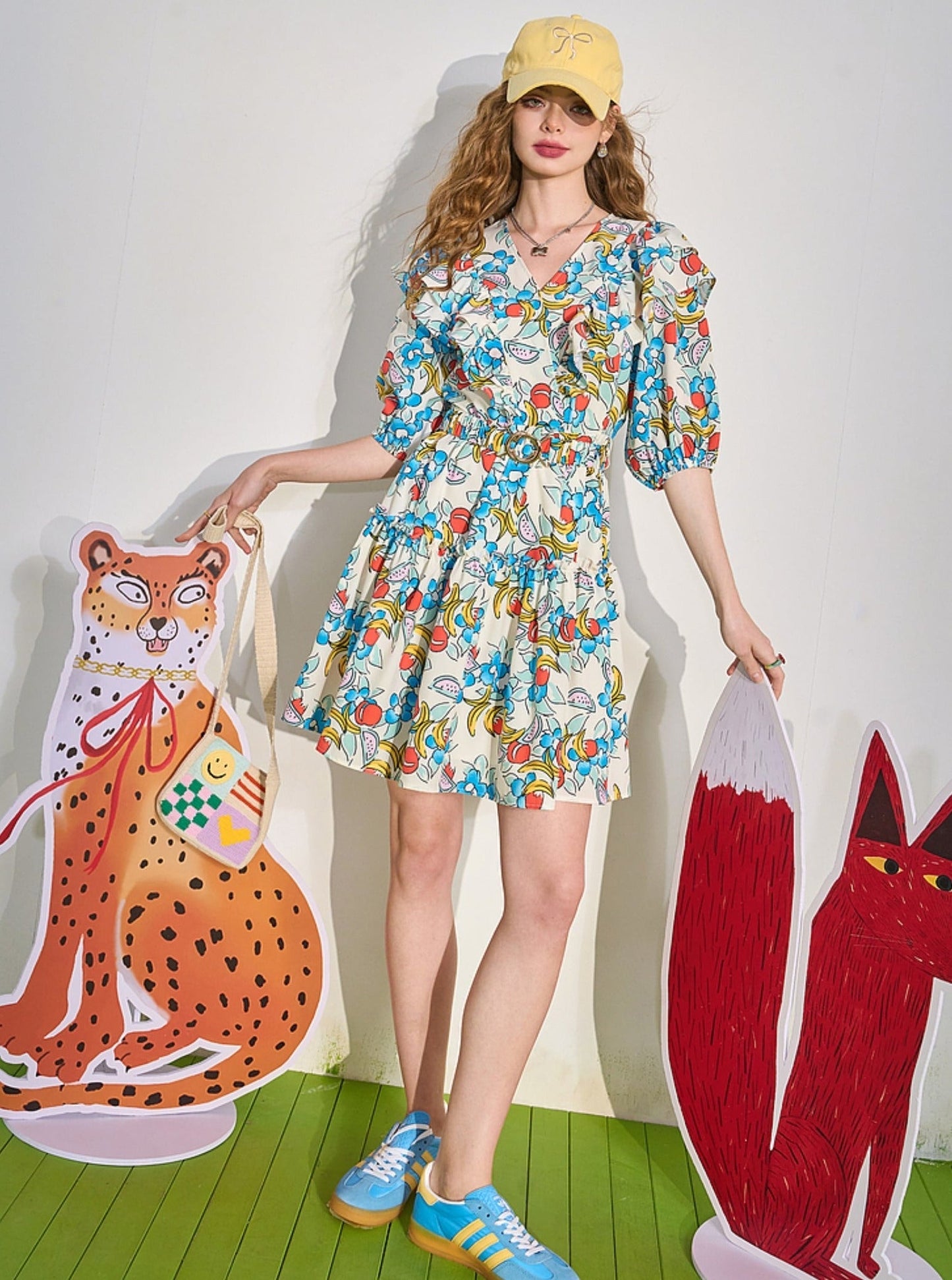 Fruit Print Ruffle V-neck Mini Dress