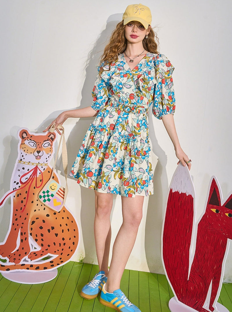 Fruit Print Ruffle V-neck Mini Dress