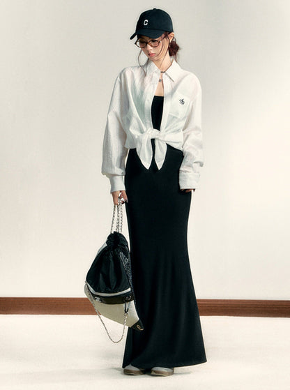 Classic White Long Sleeve Button-down Shirt: Crisp Cotton Collared Blouse With Embroidered Logo