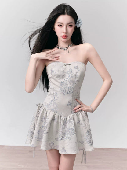 Enchanted Garden Strapless Mini Dress: Ivory Jacquard With Side Bow Details