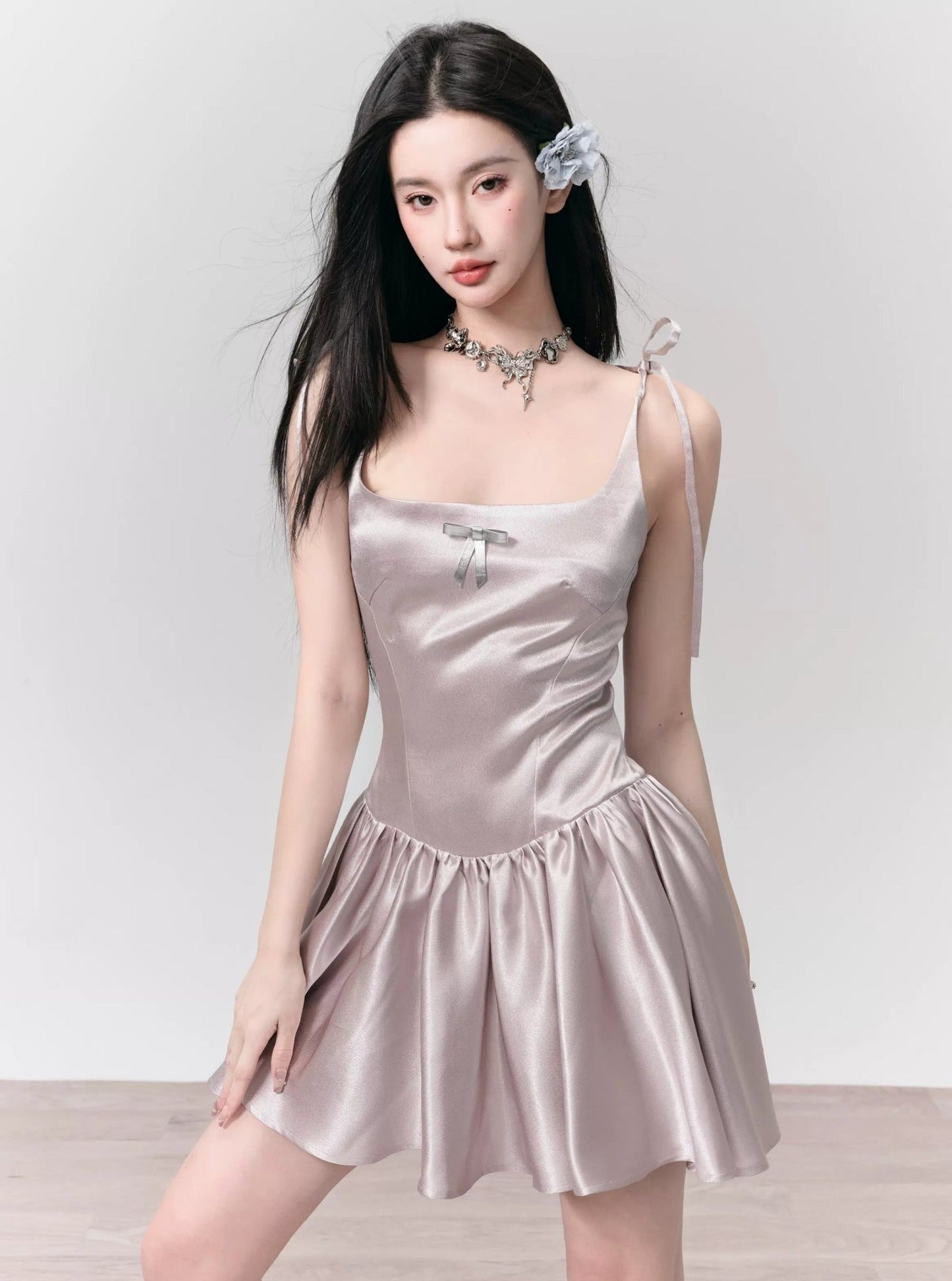 Silvery Gray Satin Mini Dress With Tie Straps