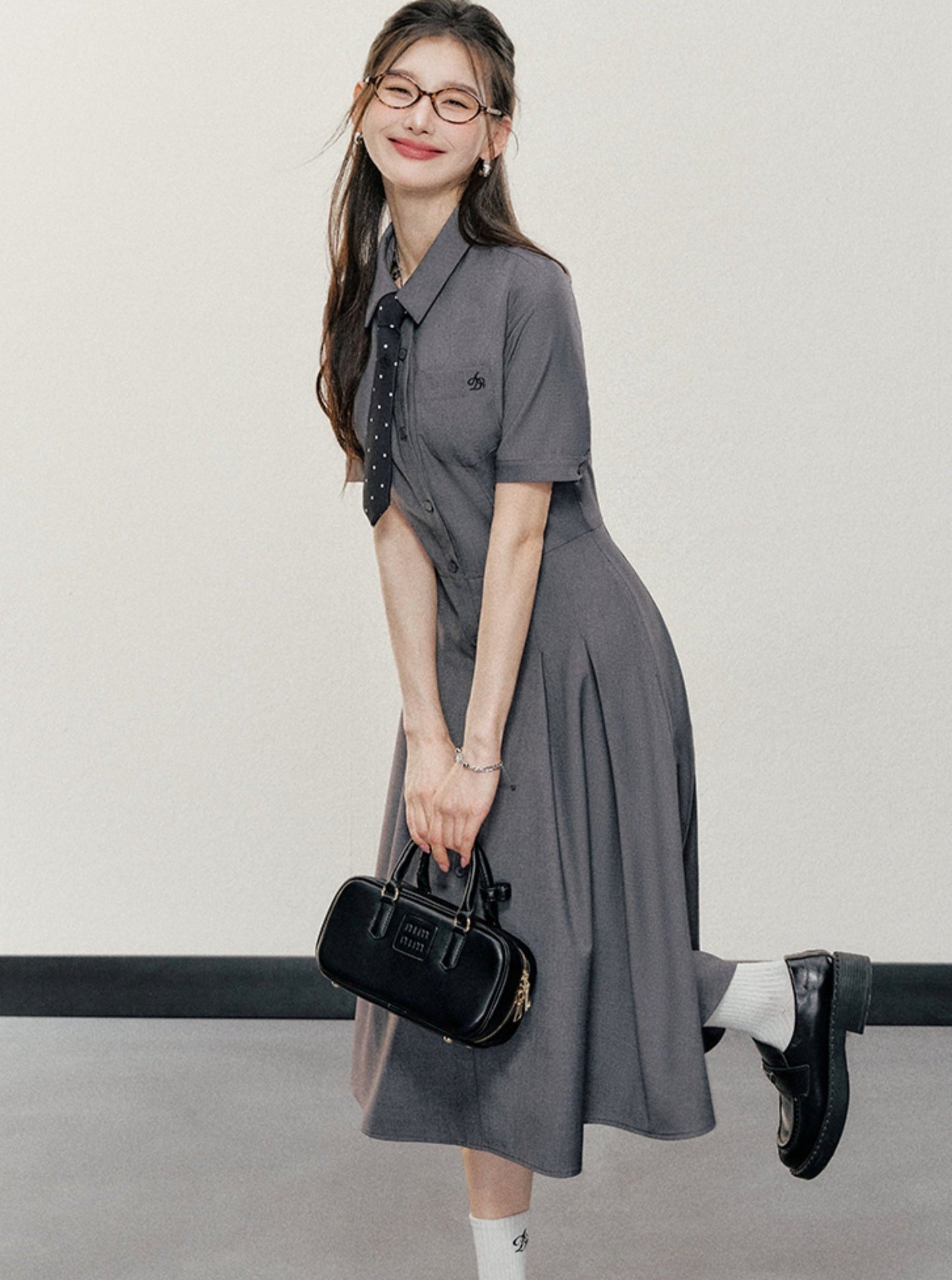 Charcoal Gray Shirt Dress: A-line Button-down With Short Sleeves and Collared Neckline