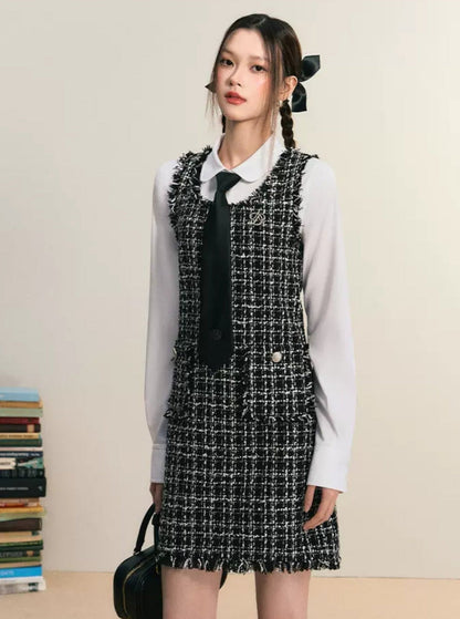 Tweed Sleeveless Mini Dress: Frayed Edge Shift Dress With Front Pockets
