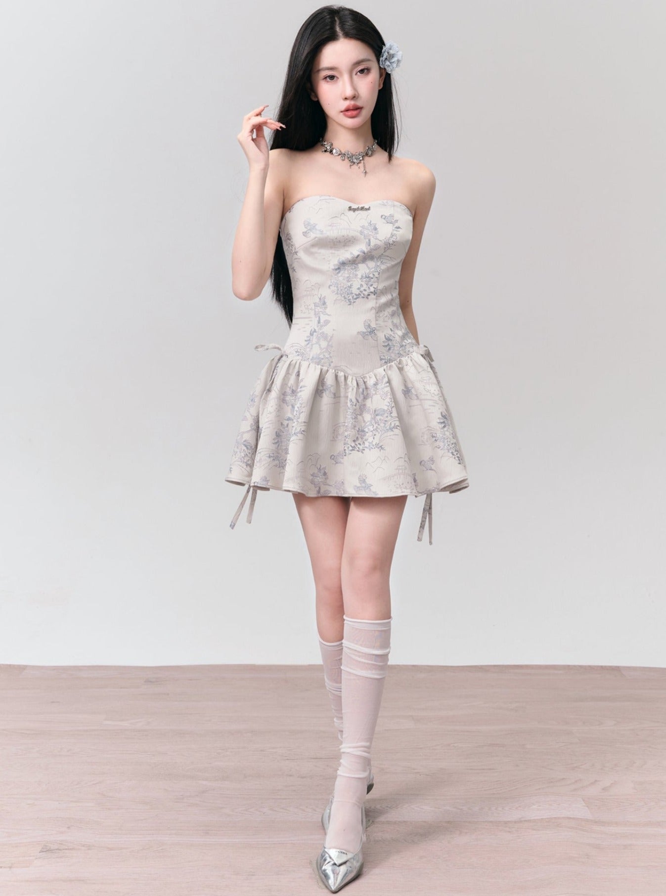 Enchanted Garden Strapless Mini Dress: Ivory Jacquard With Side Bow Details
