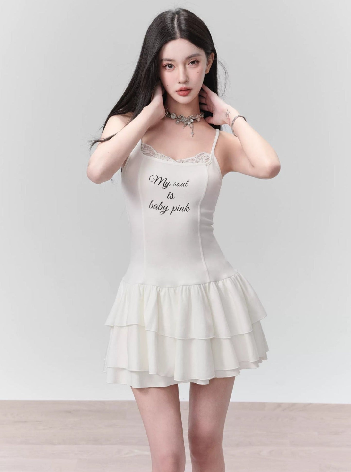 White Ruffled Spaghetti Strap Mini Dress With Slogan Print