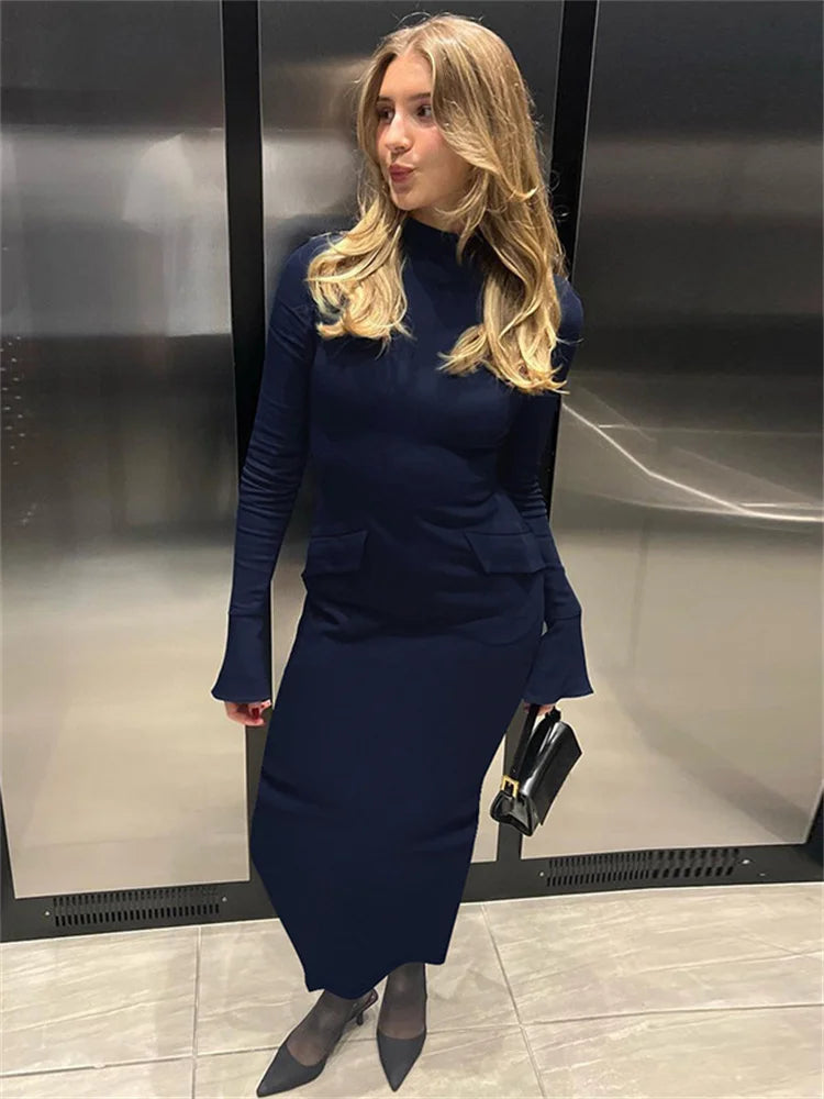 Female Maxi Dress High Waist Pocket Patchwork Skinny Commute Autumn Dress ’s Long Dress