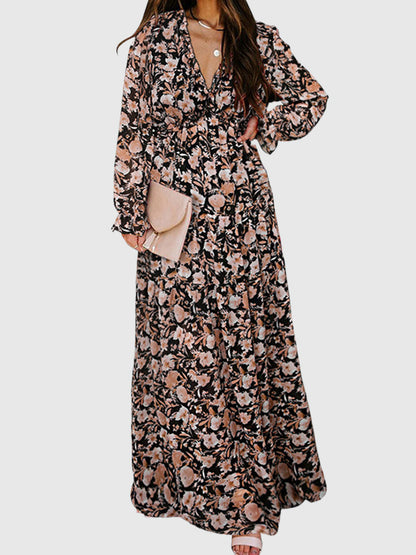 High Waisted Long Sleeves Flower Print Pleated Ruffled V-neck Maxi Dresses
