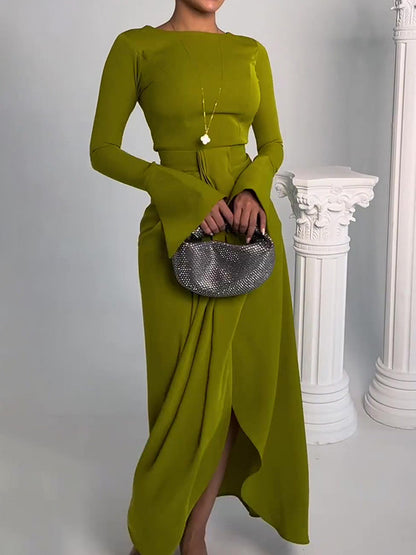 Bodycon Irregularity Color Split-front Round-neck Maxi Dresses