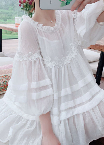 Style White Lace Ruffled Patchwork Cotton Blouses Lantern Sleeve Az1027