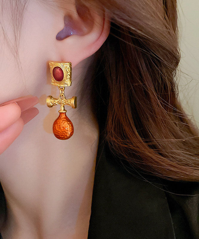 Orange Alloy Inlaid Gem Stone Drop Earrings