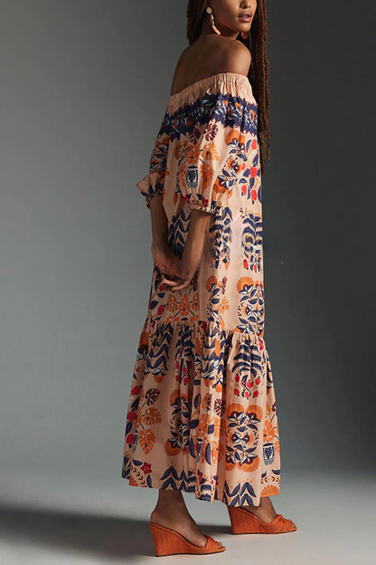 Island Lover Printed Off the Shoulder Pocketed Flowy Midi Dress