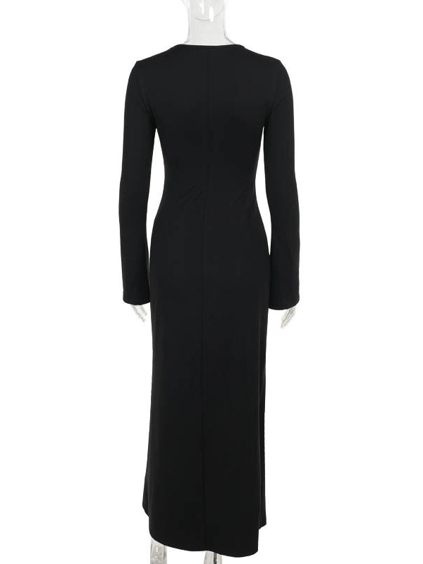 Long Sleeves Loose Asymmetric Color Split-joint Split-side Round-neck Maxi Dresses