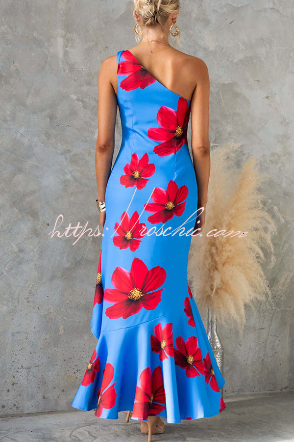 Muse Print One Shoulder Irregular Ruffles Slit Maxi Dress