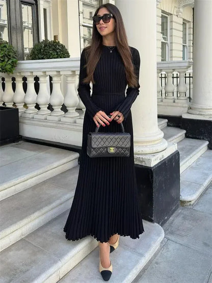 Lace-up Female Knit Maxi Dress – Autumn High Waist Patchwork Long Sleeve Bandage Knitwear Dress