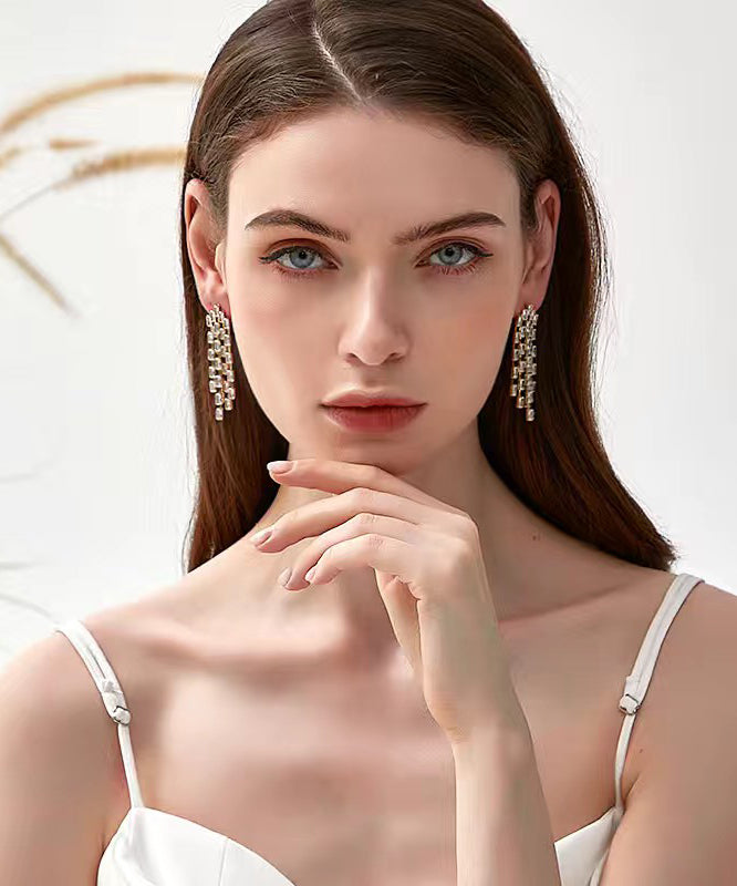 Gold Sterling Silver Overgild Zircon Tassel Drop Earrings