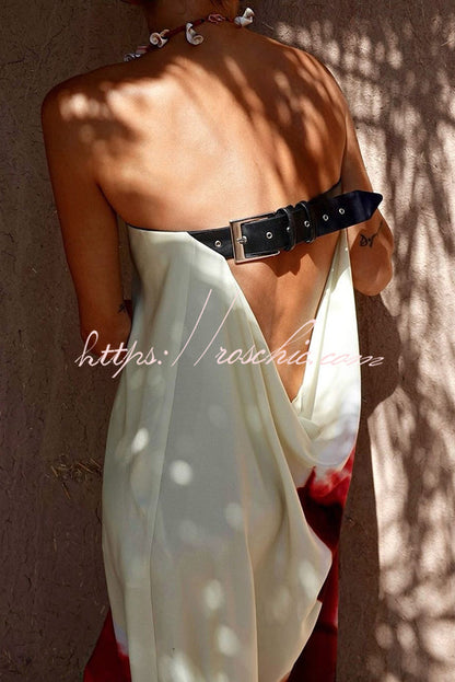 Print Strapless Backless Belt Maxi Dress