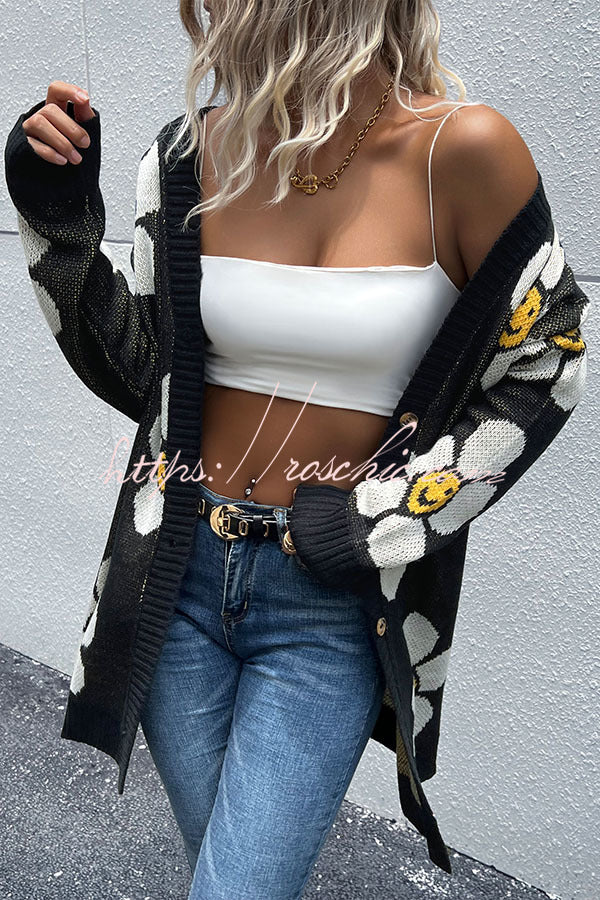 Smiley Print Button Cardigan