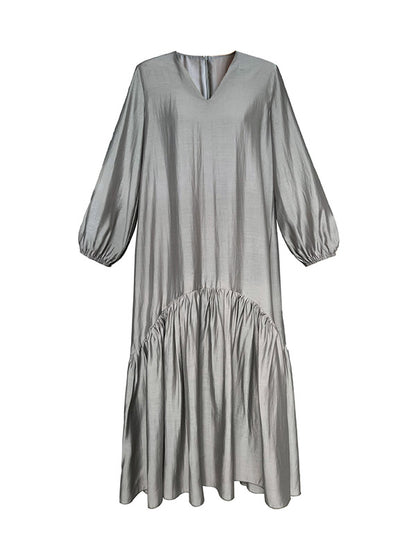 High Waisted Long Sleeves Elasticity Pleated Color Split-joint Zipper V-neck Midi Dresses