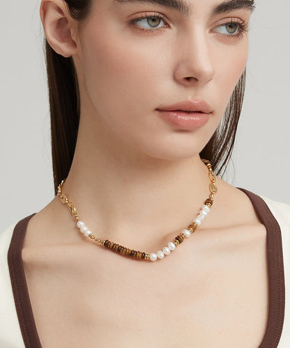 New Colorblockc Stainless Steel Tiger's Eye Patchwork Pearl Gratuated Bead Necklace