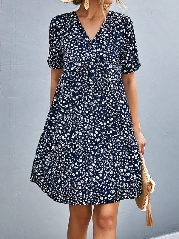 Short Sleeves Flower Print Split-joint V-neck Mini Dresses