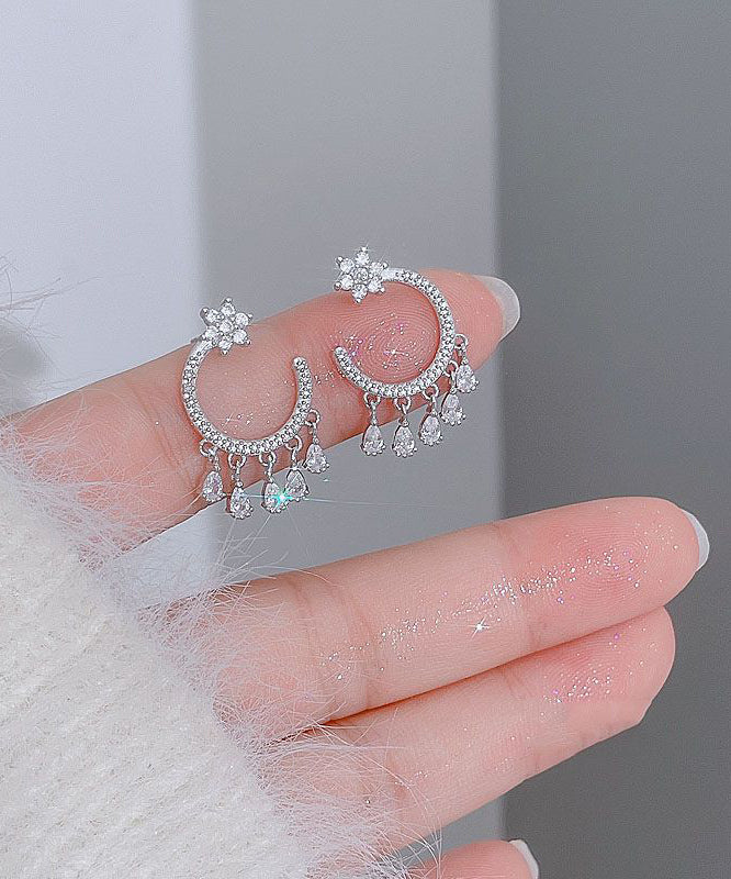Diy White Sterling Silver C-shaped Tassel Stud Earrings