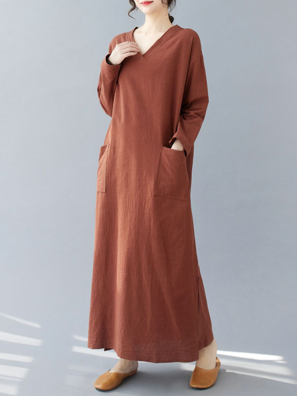 A-line Long Sleeves Pockets Color Split-side V-neck Maxi Dresses