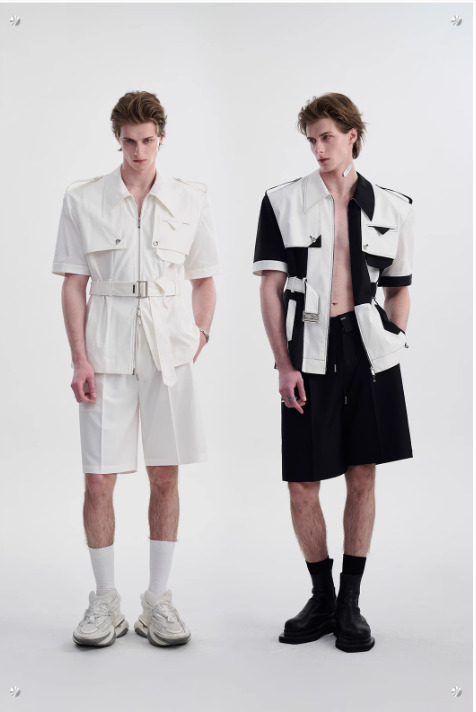 B&w Structured Belted Shirt & Shorts Set