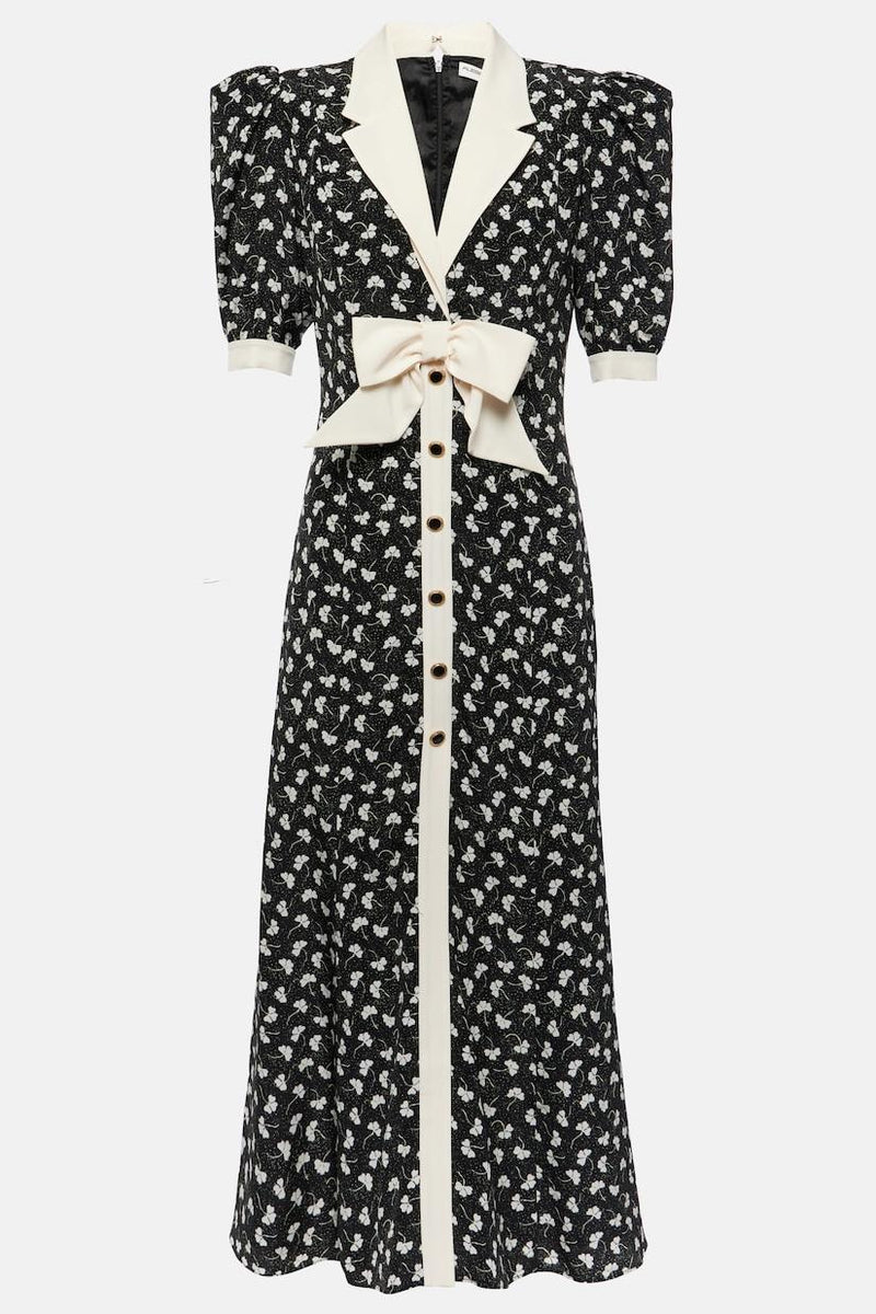 Rita Bow Trimmed Puff Sleeve V-neckline Midi Dress