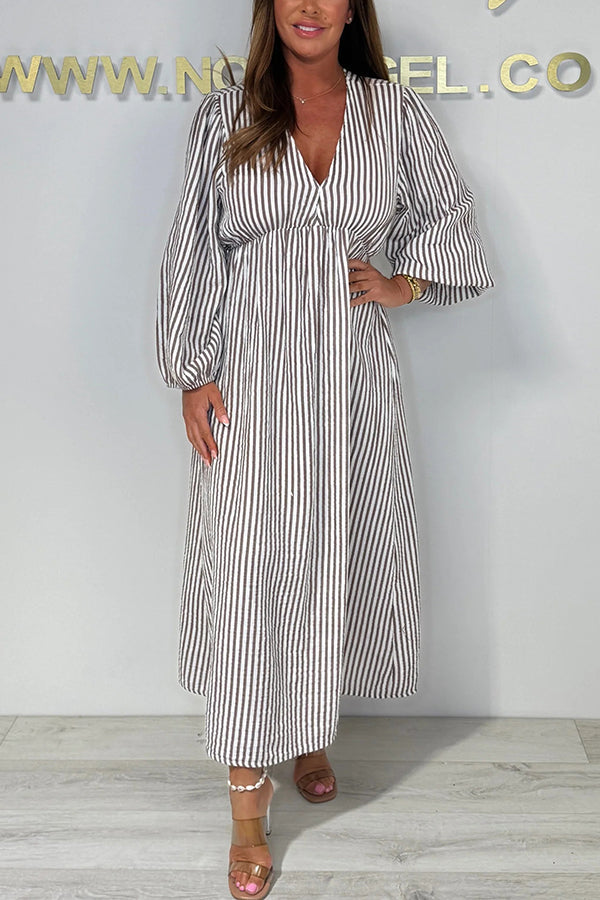 Striped Print V-neck Long Sleeve Loose Maxi Dress