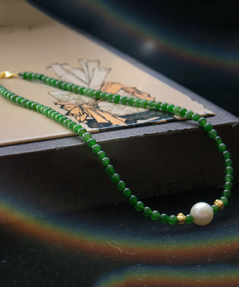 Modern Green Sterling Silver Overgild Jade Pearl Graduated Bead Necklace