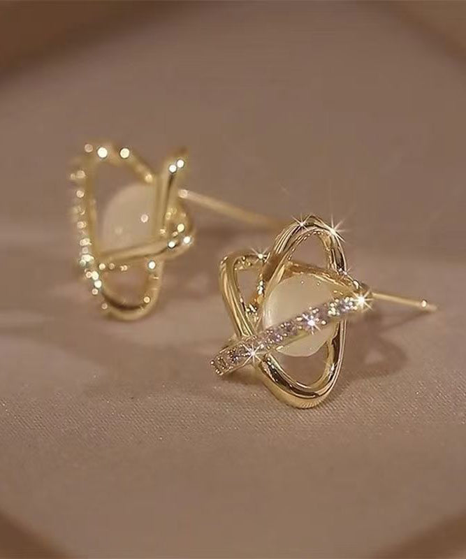 Modern Gold Copper Overgild Zircon Cat's Eye Stud Earrings