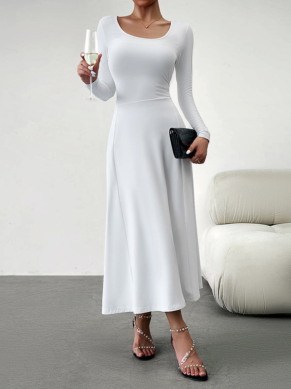 A-line High Waisted Color Tied Waist U-neck Midi Dresses