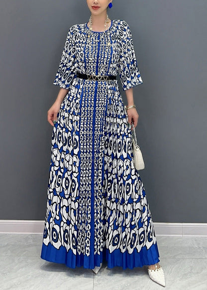 French Blue O Neck Print Wrinkled Long Dress Bracelet Sleeve Ao1004