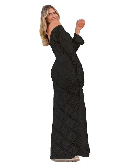 See-through Loose Dress Flared Sleeve for Backless Hollow Out Holiday Beach Outfits V-neck Pullover Maxi Dress