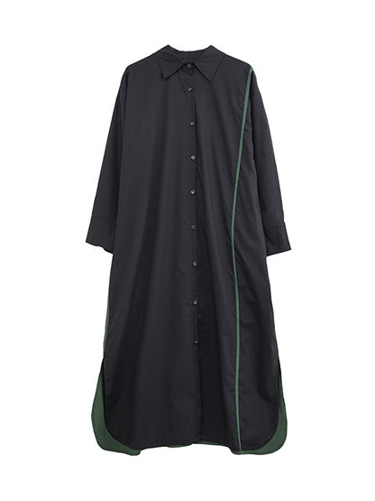 Long Sleeves Loose Asymmetric Buttoned Split-joint Split-side Lapel Midi Dresses Shirt Dress