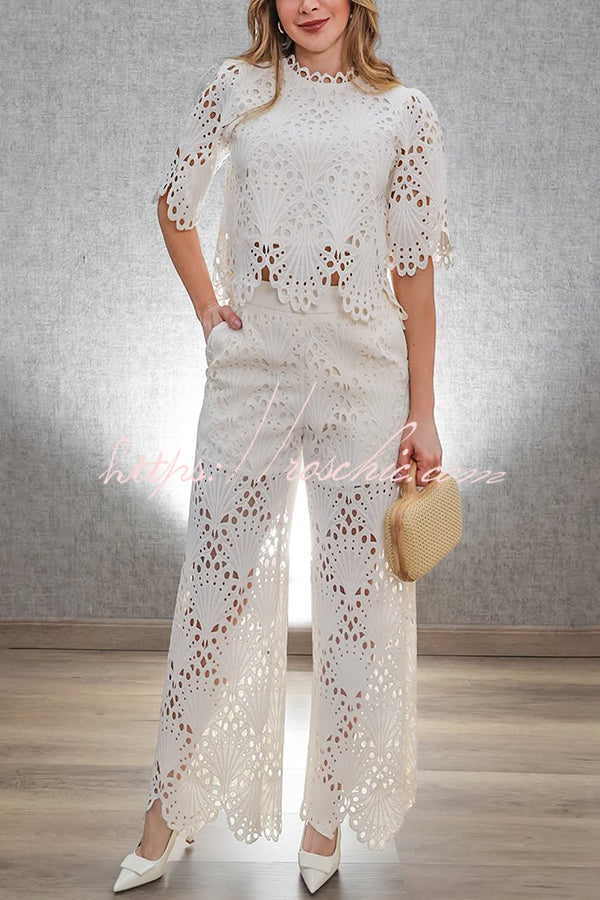 Eliose Scallop Cutout Embroidery Lace Elastic Waist Pocket Loose Pants