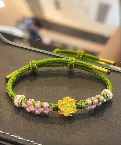 Green Handmade Weaving Peach Blossom Lotus Charm Bracelet