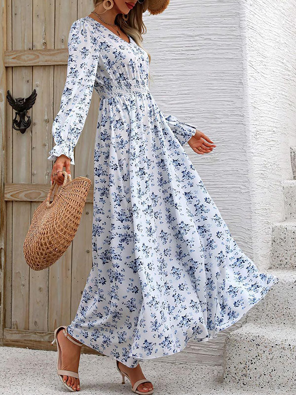 Long Sleeves Loose Elasticity Printed V-neck Maxi Dresses