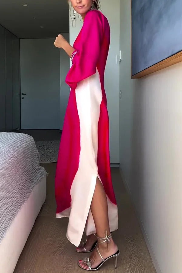 Contrast Print One-sleeve Slit Maxi Dress