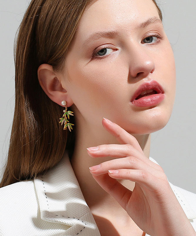 Green Overgild Zircon Pearl Bamboo Drop Earrings