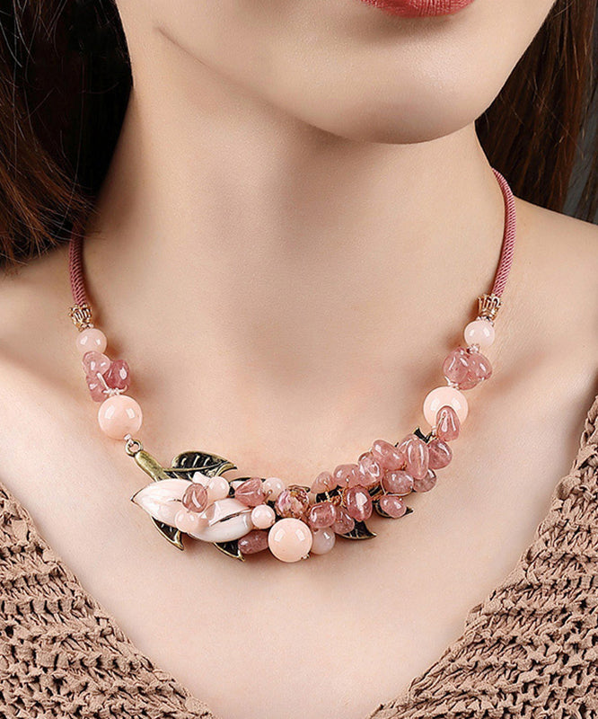 Pink Copper Overgild Cloisonne Coloured Glaze Strawberry Crystal Gratuated Bead Necklace